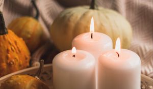 Preview wallpaper candles, flame, pumpkins, cones, cloth