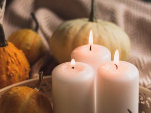 Preview wallpaper candles, flame, pumpkins, cones, cloth