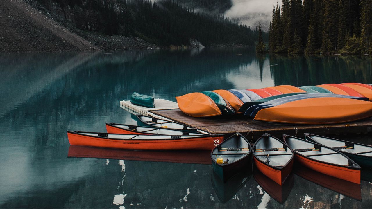 Wallpaper canoe, boats, lake, pier, mountains