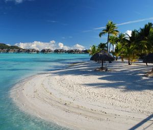 Preview wallpaper canopies, chaise lounges, chairs, tropics, palm trees, sand, white, rest, resort, bora-bora, azure