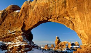Preview wallpaper canyon, arch, window, snow, stones, mountains