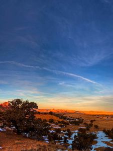 Preview wallpaper canyon, bushes, desert, sand, snow, sky, patterns, yellow, blue