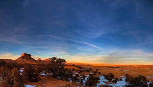 Preview wallpaper canyon, bushes, desert, sand, snow, sky, patterns, yellow, blue