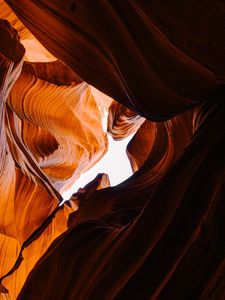 Preview wallpaper canyon, cave, rocks, sandy, bottom view, sky