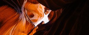 Preview wallpaper canyon, cave, rocks, sandy, bottom view, sky