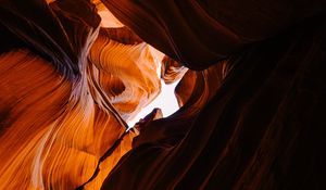 Preview wallpaper canyon, cave, rocks, sandy, bottom view, sky