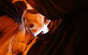 Preview wallpaper canyon, cave, rocks, sandy, bottom view, sky