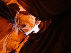 Preview wallpaper canyon, cave, rocks, sandy, bottom view, sky