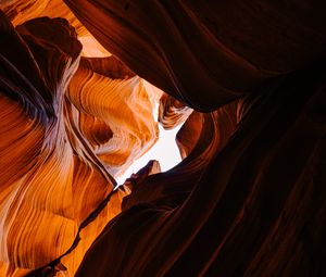 Preview wallpaper canyon, cave, rocks, sandy, bottom view, sky