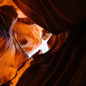 Preview wallpaper canyon, cave, rocks, sandy, bottom view, sky