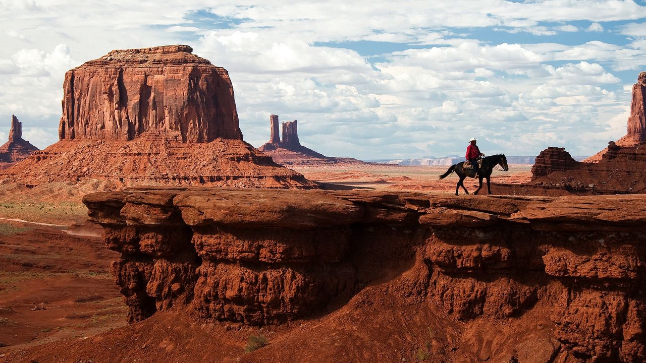 Download wallpaper 1280x720 canyon, desert, horseback rider, wild west,  cowboy hd, hdv, 720p hd background