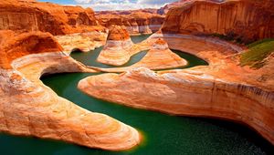 Preview wallpaper canyon, river, mountains, yellow, moss, bends, turns, heat