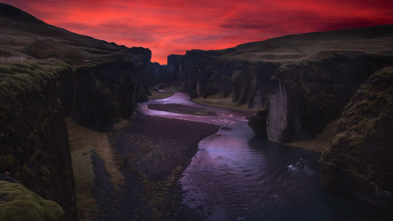 Wallpaper canyon, river, night, fjadrargljufur, iceland