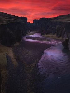 Preview wallpaper canyon, river, night, fjadrargljufur, iceland