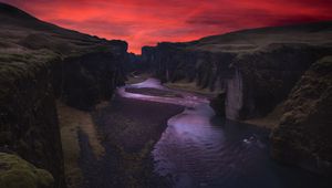 Preview wallpaper canyon, river, night, fjadrargljufur, iceland