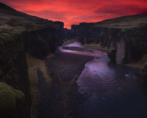 Preview wallpaper canyon, river, night, fjadrargljufur, iceland