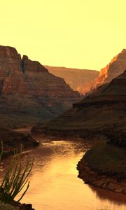 Preview wallpaper canyon, river, sunset, rocks, plants