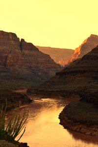 Preview wallpaper canyon, river, sunset, rocks, plants