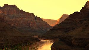 Preview wallpaper canyon, river, sunset, rocks, plants