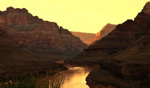 Preview wallpaper canyon, river, sunset, rocks, plants