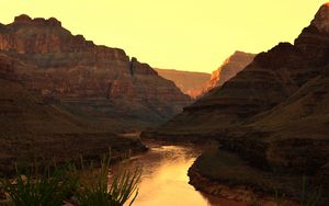 Preview wallpaper canyon, river, sunset, rocks, plants