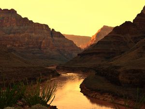 Preview wallpaper canyon, river, sunset, rocks, plants