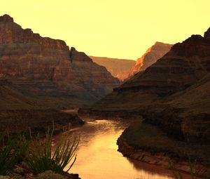 Preview wallpaper canyon, river, sunset, rocks, plants