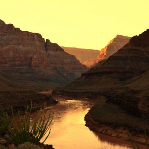 Preview wallpaper canyon, river, sunset, rocks, plants