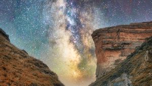 Preview wallpaper canyon, road, rocks, nebula, starry sky