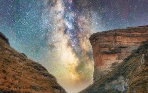 Preview wallpaper canyon, road, rocks, nebula, starry sky