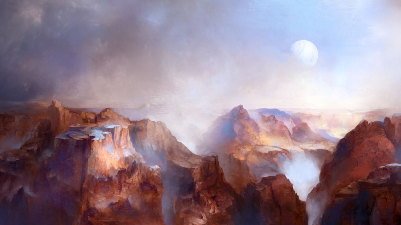 Wallpaper canyon, rocks, moon, fog, art