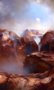 Preview wallpaper canyon, rocks, moon, fog, art