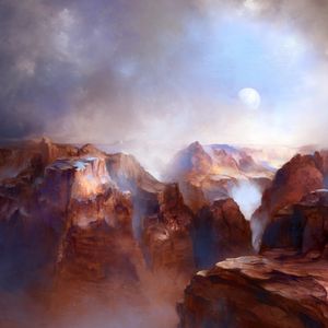Preview wallpaper canyon, rocks, moon, fog, art