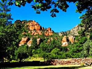 Preview wallpaper canyon, rocks, peaks, trees, landscape