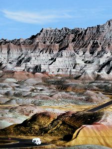 Preview wallpaper canyon, rocks, road, car