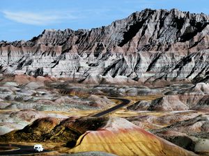 Preview wallpaper canyon, rocks, road, car