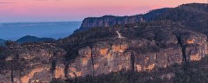 Preview wallpaper canyon, rocks, trees, forest, sunset