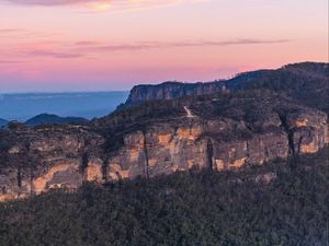 Preview wallpaper canyon, rocks, trees, forest, sunset
