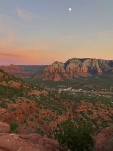 Preview wallpaper canyon, rocks, trees, sunset, nature, landscape