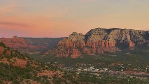 Preview wallpaper canyon, rocks, trees, sunset, nature, landscape