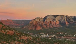 Preview wallpaper canyon, rocks, trees, sunset, nature, landscape