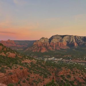 Preview wallpaper canyon, rocks, trees, sunset, nature, landscape