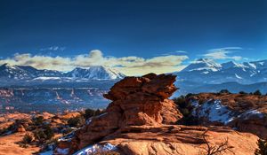 Preview wallpaper canyon, stone, block, sky, blue, height, snow