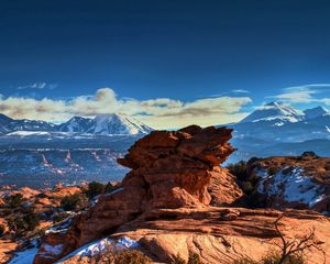 Preview wallpaper canyon, stone, block, sky, blue, height, snow