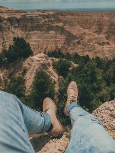 Preview wallpaper canyon, trees, legs, view, landscape