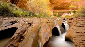 Preview wallpaper canyon, water, stream, stones, sharp, trees, vegetation, utah