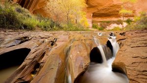 Preview wallpaper canyon, water, stream, stones, sharp, trees, vegetation, utah