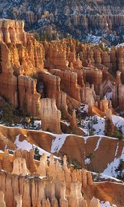 Preview wallpaper canyons, snow, trees, winter, yellow, white
