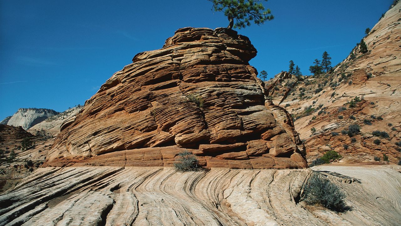 Wallpaper canyons, stones, strips, lines, bushes, trees, vegetation