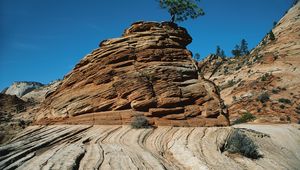 Preview wallpaper canyons, stones, strips, lines, bushes, trees, vegetation